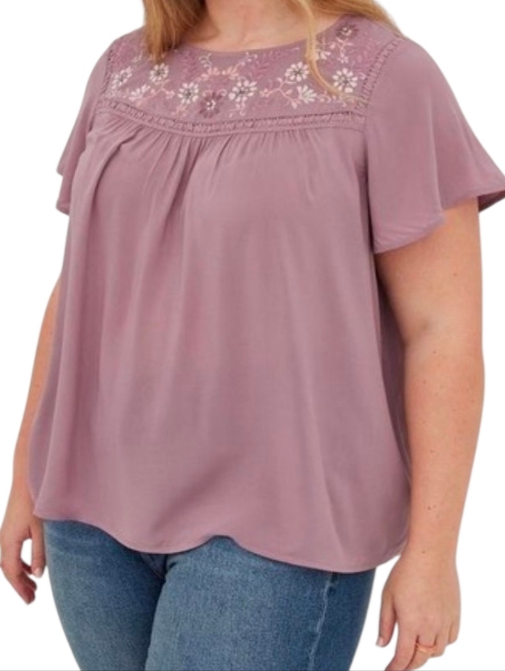 Torrid Challis Embroidered Flutter Sleeve Blouse Beaded Light Purple 3X NWT